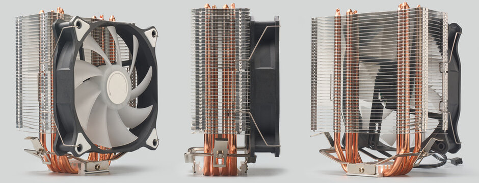 set of tower type computer cpu air coolers isolated gray background, aluminum heatsink with copper pipes and black fan, hardware cooling and thermal management concept