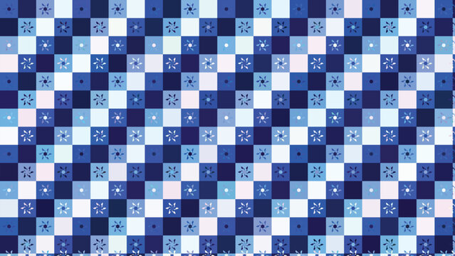 Abstract blue geometric pattern background with floral motifs and checkered tiles for modern digital design, seamless textile print, creative wallpaper, decorative surface texture, contemporary art