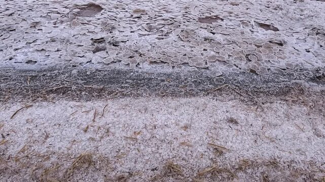 The Kuyalnik Estuary in the Odessa Oblast, Ukraine: the shoreline covered with white table salt crystals of sodium chloride (NaCl), forming a hypersaline landscape resembling the Dead Sea.