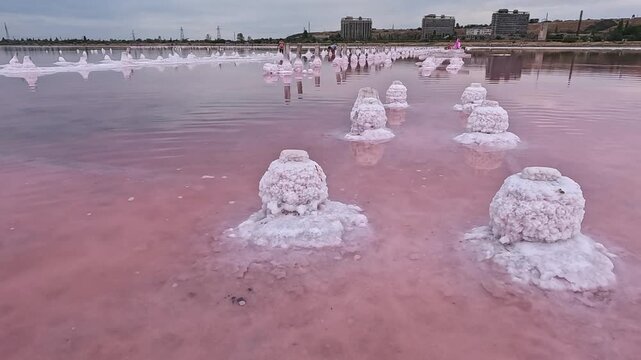 Kuyalnik Estuary, remnants of 18th-century saltworks, self-precipitated salt deposits on the bottom of the water body and old wooden structures during a dry summer, global climate change