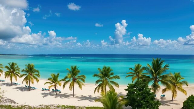A serene tropical beach scene 100-char description with white sandy shore and turquoise water