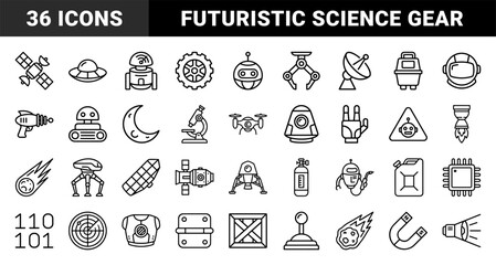 Fototapeta premium Space exploration and robotics technology elements for scientific education. Technical monoline pictograms featuring futuristic machinery and astronomical discovery.