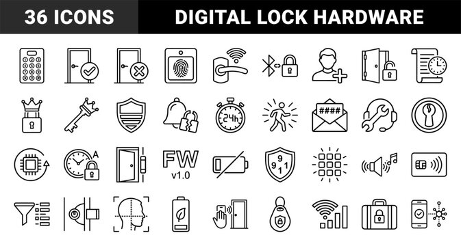 Smart home security and access control systems featuring electronic locks, biometric scanning, and wireless authentication. Professional monoline technical pictograms.
