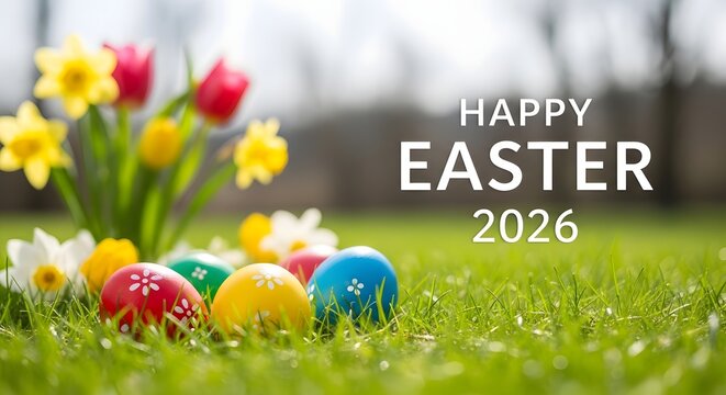 Happy easter 2026 colorful eggs in green grass with spring flowers