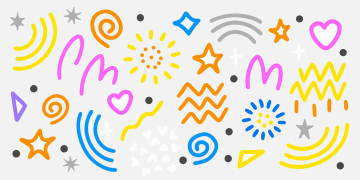 Colorful abstract doodle shapes and patterns on a light gray background