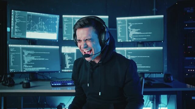 Young man with headset celebrating success in front of multiple computer screens in dark server room, expressing excitement and achievement in technology workspace.