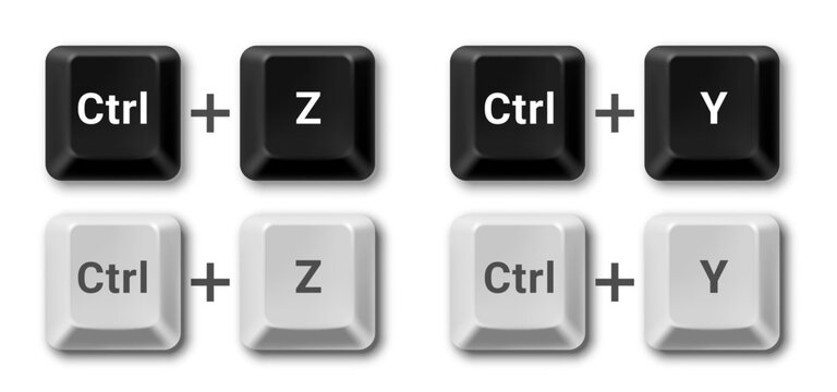 Vector black and white computer keyboard buttons of undo and redo shortcuts of Ctrl + Z and Ctrl + Y keys isolated on white background