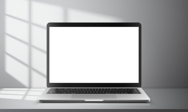 Vector illustration of laptop with blank empty white screen. Realistic mockup or template, isolated on white background