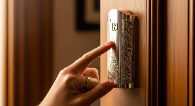 Hand touching mezuzah on wooden doorpost at home