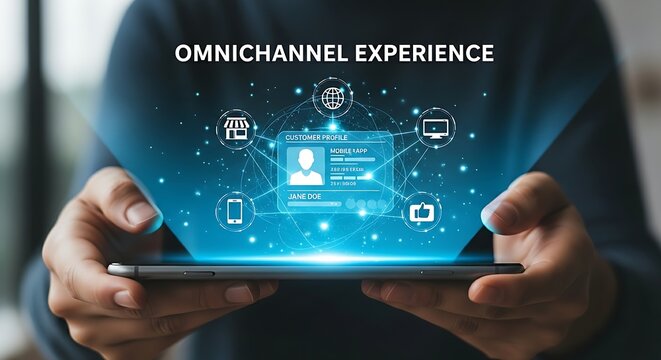 Omnichannel customer experience concept. A central customer profile hologram is connected to various touchpoints like web, mobile, and physical stores, showing a seamless journey.