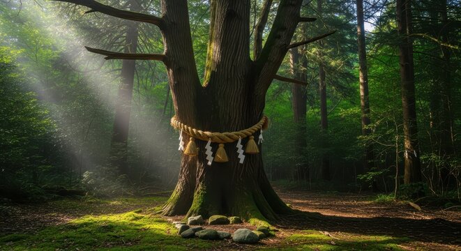 Mystical tree with shide streamers in sunlit forest