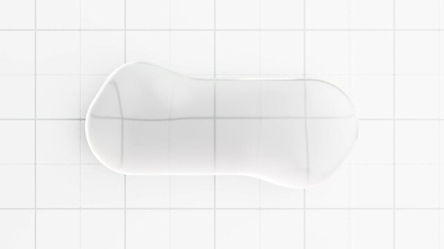 Single transparent liquid blob morphing on a white grid background in a seamless loop animation