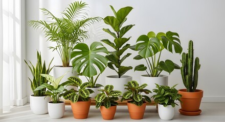 Fototapeta premium A diverse assortment of healthy green houseplants in decorative pots are neatly arranged indoors, with soft natural light filtering through a nearby window, creating a vibrant and natural atmosphere.