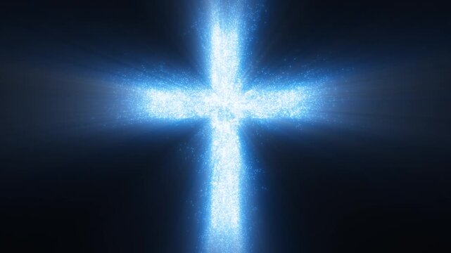 Ethereal light cross shining with bright neon blue rays and magical floating sparkles, symbolizing divine hope and Christian faith for worship backgrounds