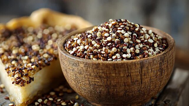Bowl of mixed quinoa and slice of pie on rustic wood, Quinoa, mixed quinoa, grains