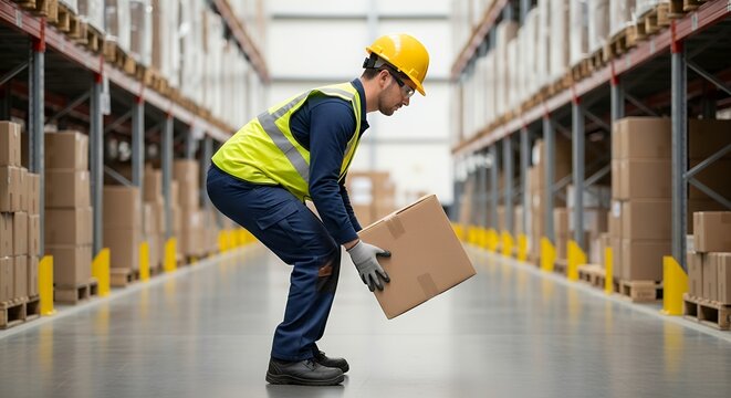 Warehouse worker lifting cardboard box using proper manual handling technique

