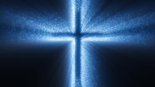 Glowing blue Christian cross formed by sparkling stardust particles and radiant light beams on a dark background, perfect for spiritual and Easter visuals