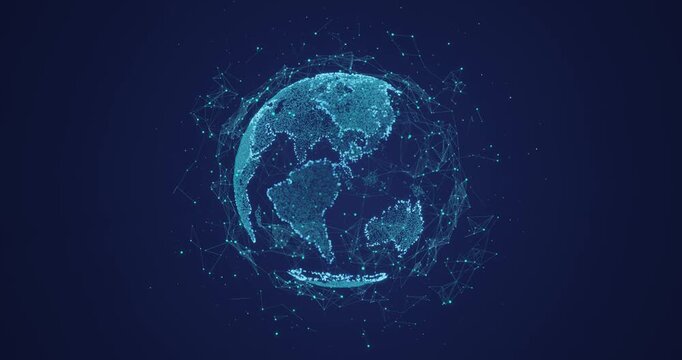 Digital global network globe made of glowing particles and connection lines representing worldwide data, communication, internet technology and global connectivity seamless loop, 3D animation.