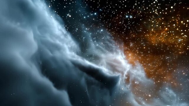 Vast star field in deep outer space filled with thousands of distant luminous stars scattered across a dark cosmic background, subtle glowing nebula clouds and interstellar