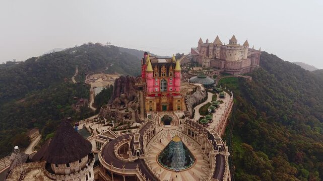 Panorama aerial view of ba na hills architectural wonderland castle and french village in Da nang, Vietnam.