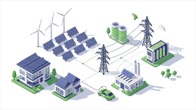  Smart Virtual Battery Energy Storage Network Illustration &ndash; Houses, Offices, Factories, Solar and Wind Power, and Electricity Grid