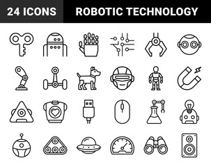 Fototapeta premium Robotics and artificial intelligence automation elements for future technology projects. Technical monoline pictograms featuring bionic limbs and smart machinery.