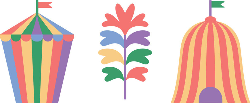 Circus Tents and Stylized Plant with Flags on White Background Keywords: circus tent, carnival tent, striped tent, conical tent, dome tent, stylized plant, flower