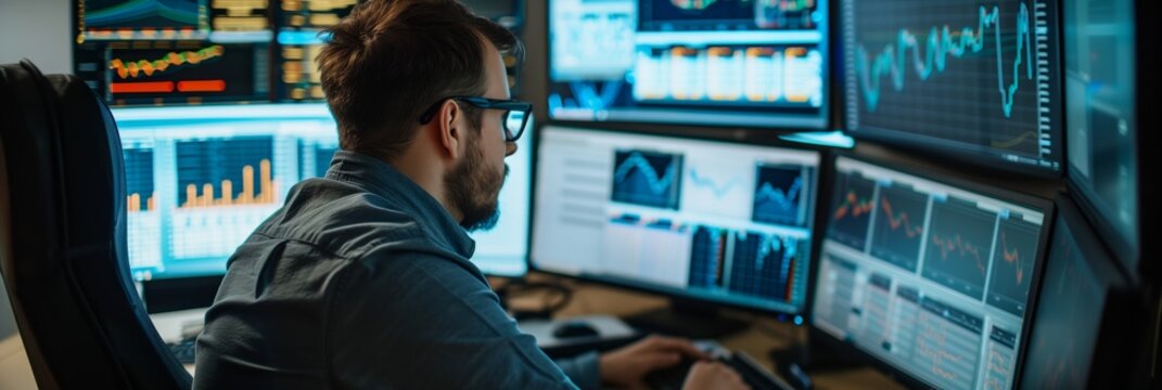 A man works as an operator specialist in a computer data center in front of many monitors with charts and data