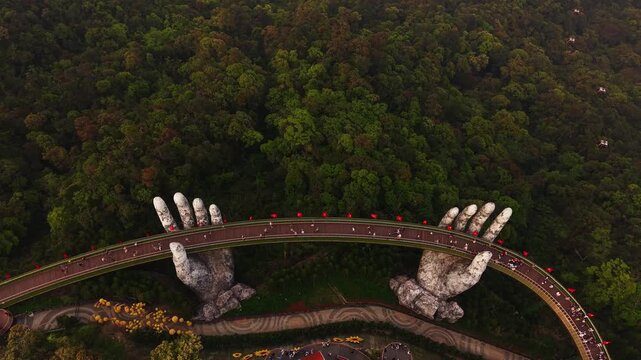 Aerial view of golden bridge in ba na hills, Da nang, Vietnam.