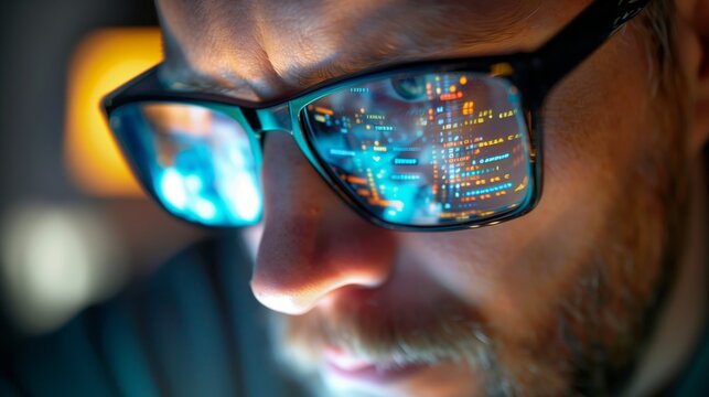 Data from a computer network is reflected in the glasses of a criminal hacker