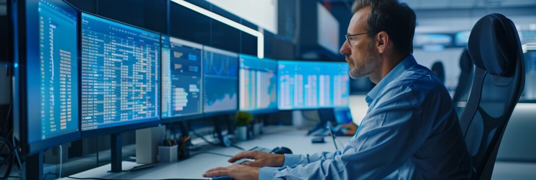 A man works as an operator specialist in a computer data center in front of many monitors with charts and data