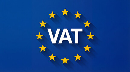VAT tax in Europe concept with white text and stars on a blue background, flat design style