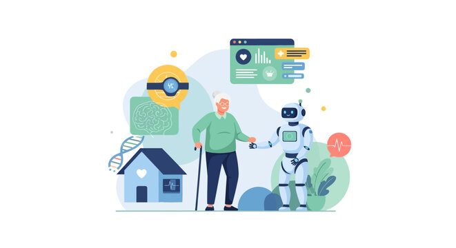 Future of Senior Care: Robot Assistant & Smart Home Healthcare. AI, personalized medicine, and remote monitoring for elderly well-being.