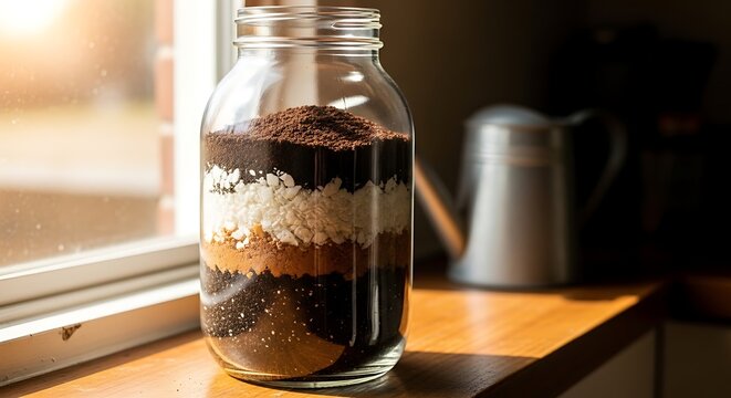 Glass jar with layers of coffee grounds sugar and cream homemade coffee liqueur