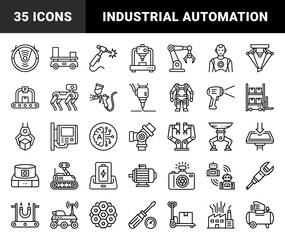 Fototapeta premium Industrial automation and smart manufacturing technology elements. Technical monoline pictograms featuring robotics, warehouse logistics, and engineering systems.