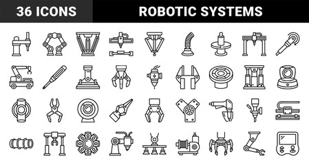Fototapeta premium Robotic automation and industrial manufacturing components featuring technical monoline schematics for smart factory engineering and mechanical workflow.