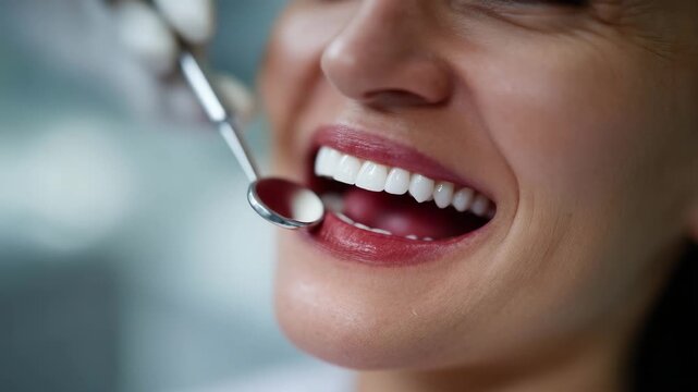 Dental mirror reflecting perfect white teeth during professional dental examination Extreme close-up of a woman&rsquo;s smile with glossy pink lips and perfectly aligned white teeth 