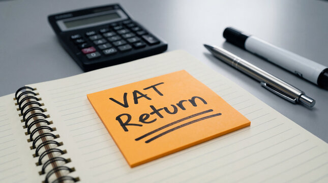 VAT Return Reminder on Orange Memo Pad with Calculator, Pen, and Marker on Desk