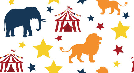 Fototapeta premium Colorful circus pattern featuring elephants lions tents and shining stars