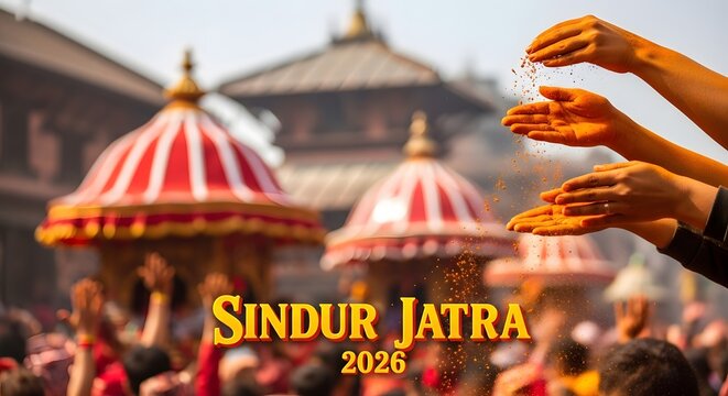 People celebrating sindur jatra 2026 festival, throwing vermillion powder