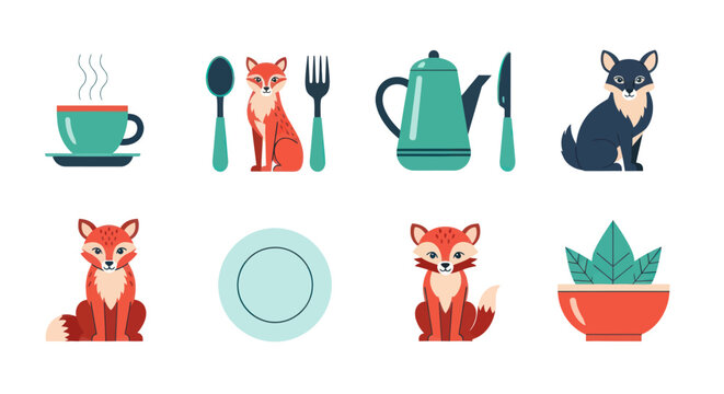 Stylized fox illustrations and kitchenware