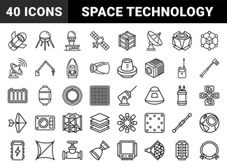 Fototapeta premium Aerospace engineering and satellite communication technical monoline icons. Space exploration hardware and orbital infrastructure schematic line art.