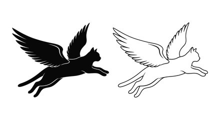 Naklejka premium Two winged cats in flight one black and one white detailed silhouette