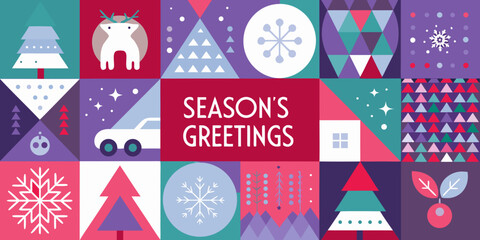 Festive geometric pattern with winter motifs and holiday greetings text © Tithi