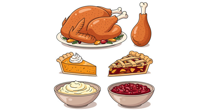Thanksgiving dinner food icons with turkey pie mashed potatoes and cranberry sauce