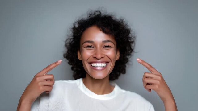 smiling woman pointing at herself, self confidence concept, cheerful female portrait, positive emotion, white sweater, studio background, happy expression, self esteem, body language, casual pose