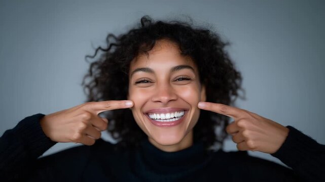 smiling woman pointing at herself, self confidence concept, cheerful female portrait, positive emotion, white sweater, studio background, happy expression, self esteem, body language, casual pose