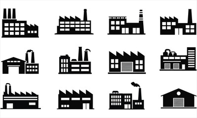 Naklejka premium Collection of various industrial factory and building silhouettes on white background