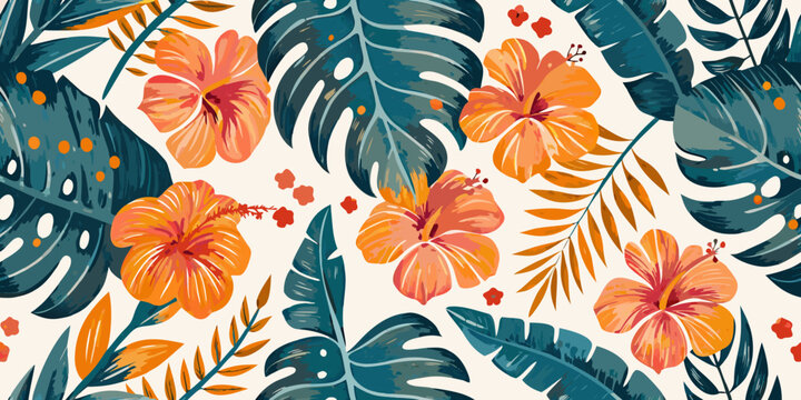 Tropical floral pattern with monstera leaves and vibrant orange hibiscus flowers