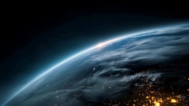 Minimalist orbital view of Planet Earth emerging from darkness with a soft blue atmospheric glow outlining the curved horizon, faint city lights visible across the night side 